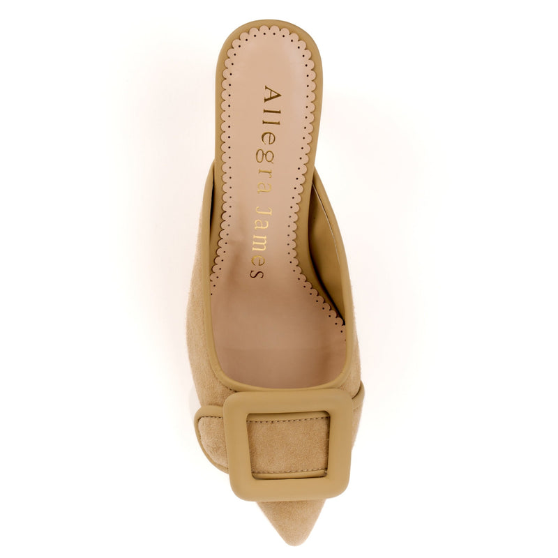 Nude mule sandal heels with buckle design upper -  top view 
