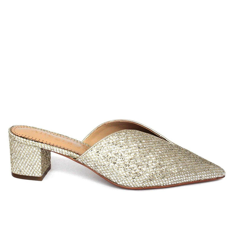 Gold sandal heels with slip-on design - side view