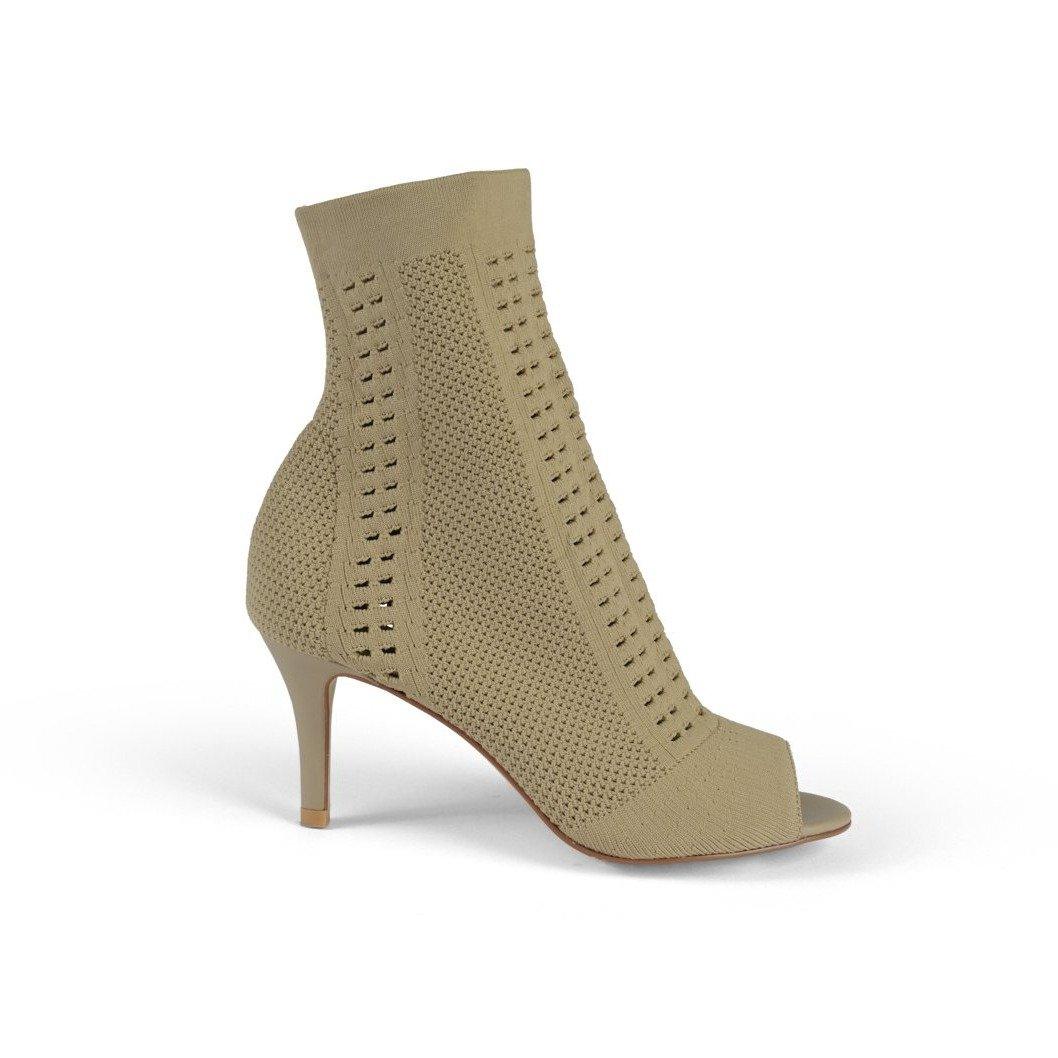 Nude ankle high sock boot heels with open toe - side view