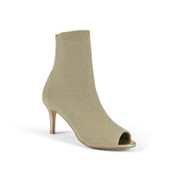 Gold sock boot heels with open toe - corner view