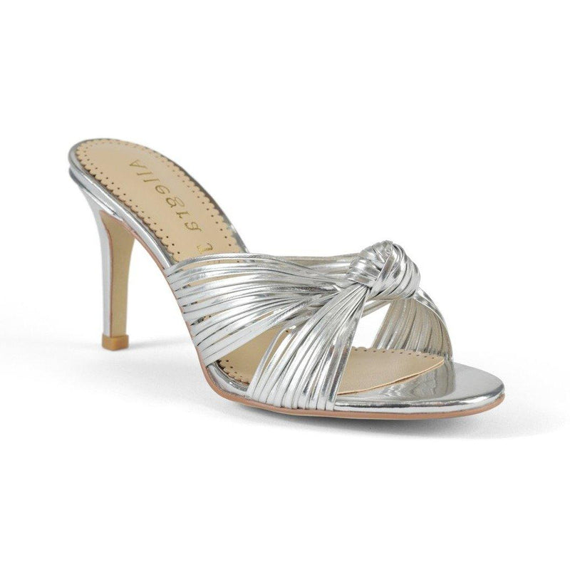 Golden sandals with slip-on style and knot design upper -  corner view 