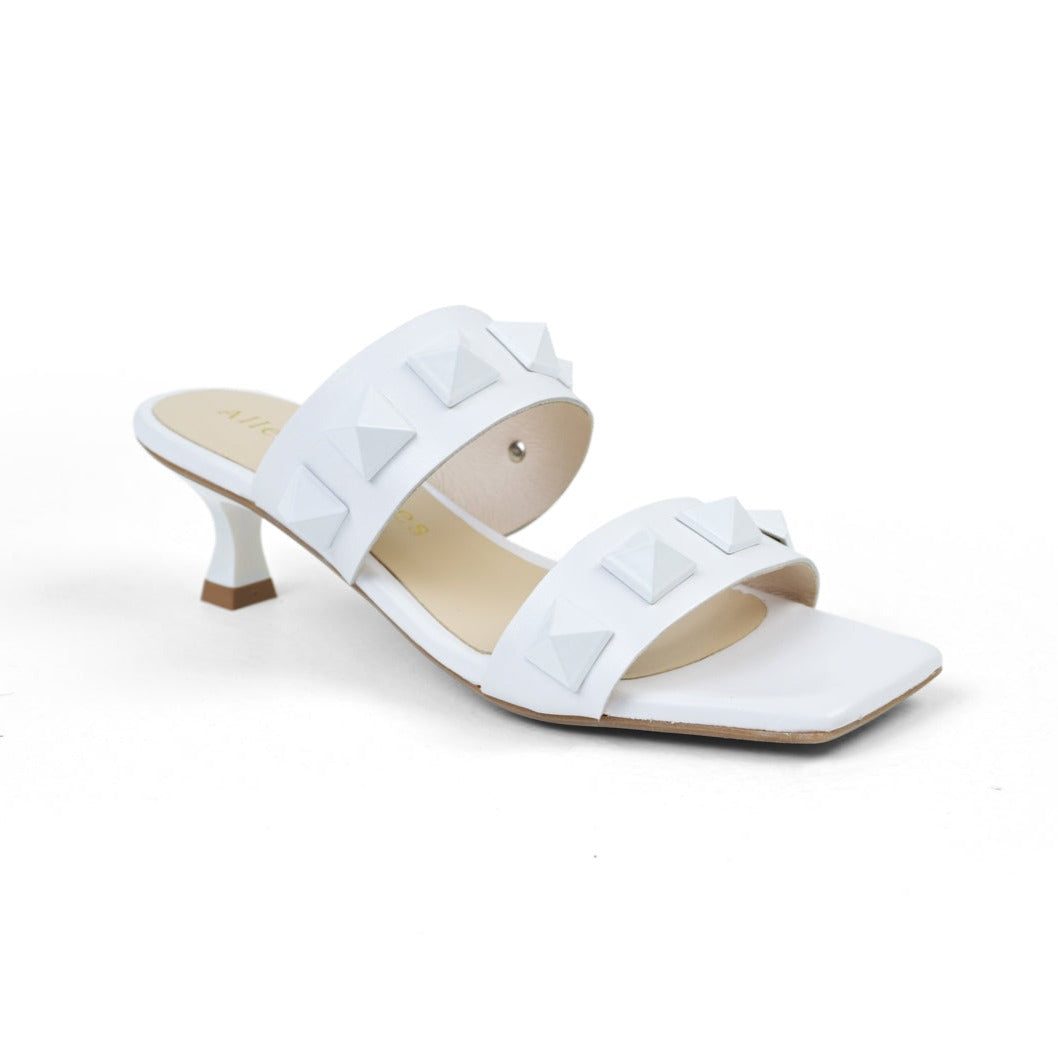 White low heel squared toe sandals -  corner view 
