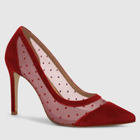 Red heels with polka dot mesh accent - corner view 