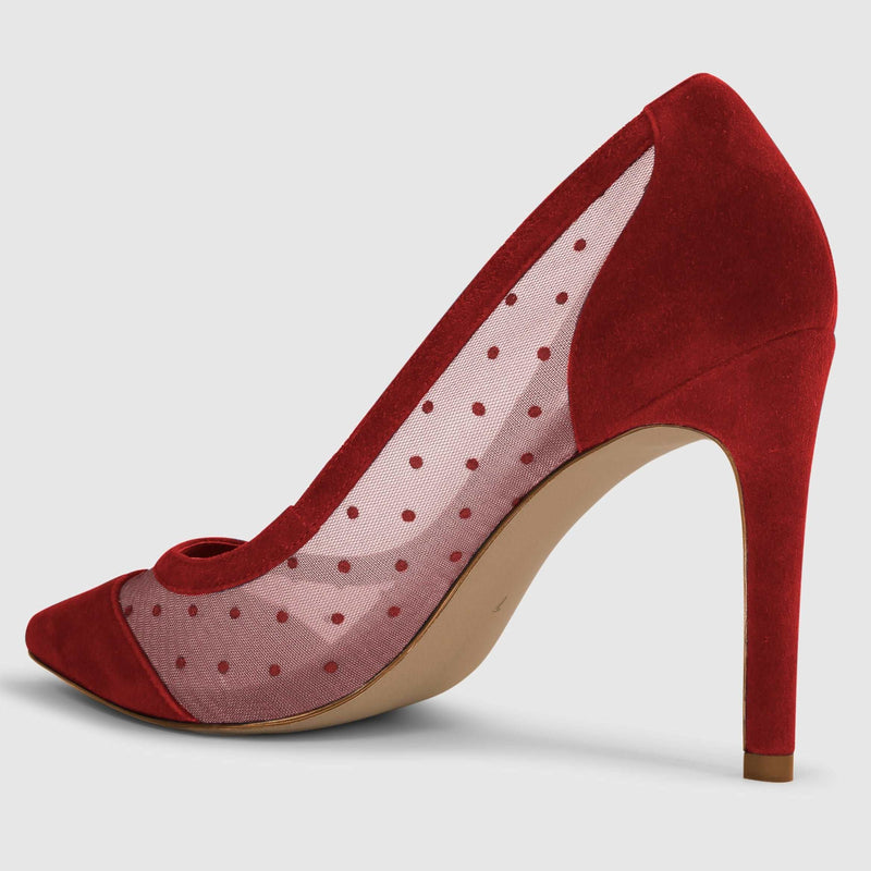 Red heels with polka dot mesh accent - back view 