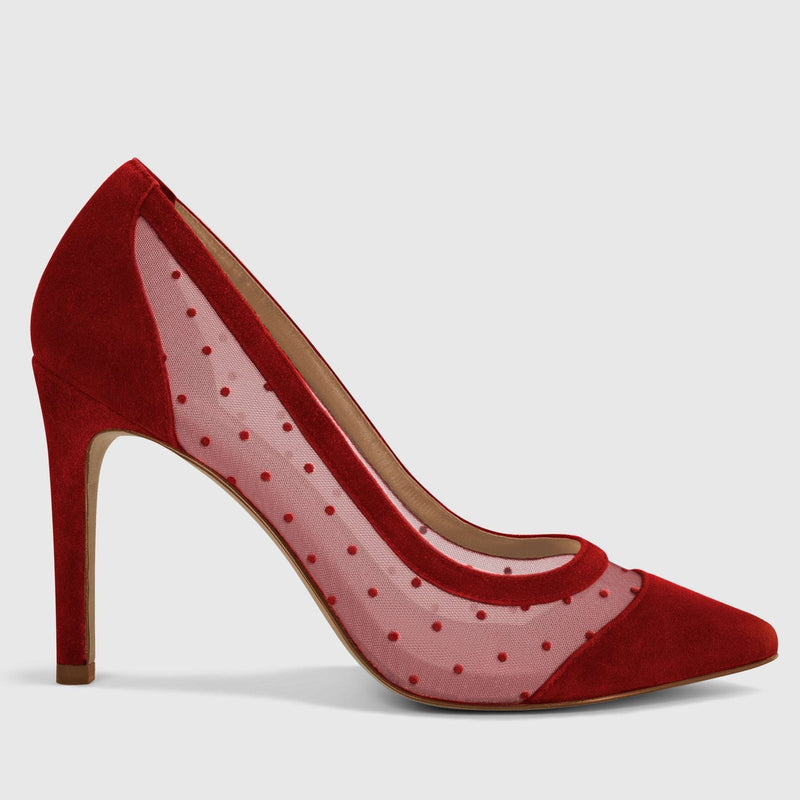 Red heels with polka dot mesh accent - side view 