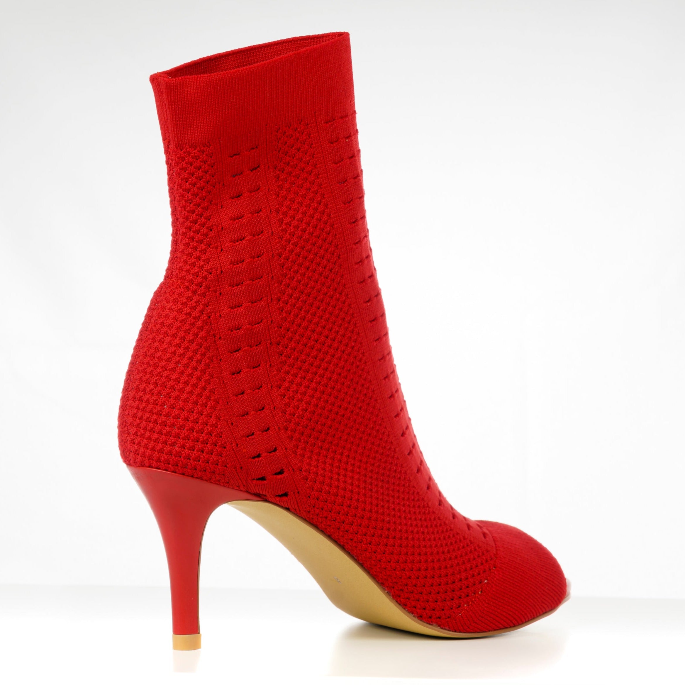 Red ankle high sock boot heels with open toe - back view