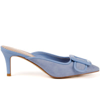 Blue mule sandal heels with buckle design upper -  side view 