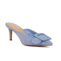 Blue mule sandal heels with buckle design upper -  corner view 