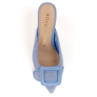 Blue mule sandal heels with buckle design upper -  top view 