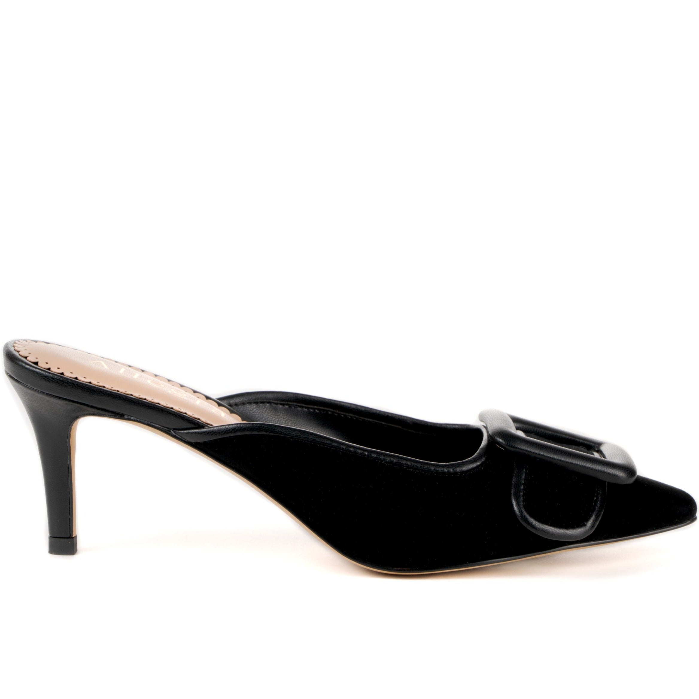 Black mule sandal heels with buckle design upper -  side view 