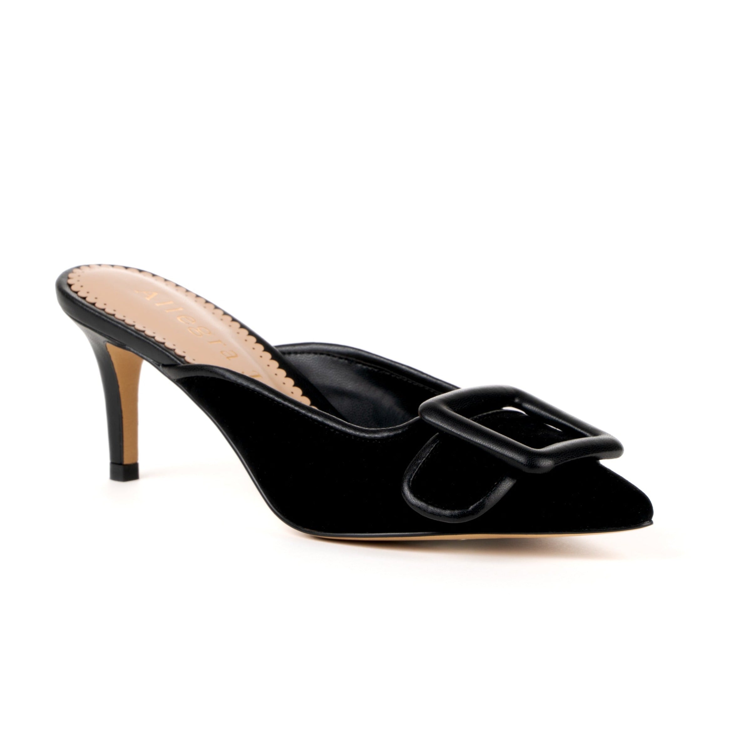 Black mule sandal heels with buckle design upper -  corner view 