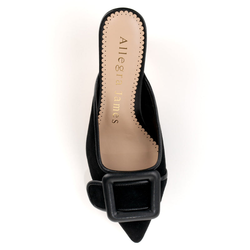 Black mule sandal heels with buckle design upper -  top view 