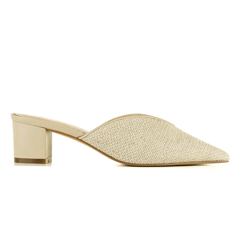 Natural linen sandal heels with slip-on design - side view