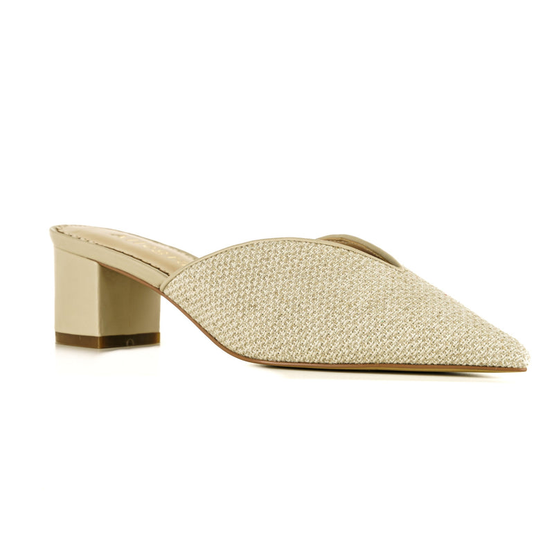 Natural linen sandal heels with slip-on design - corner view