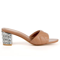 Tan pearl heels with open toe and slip-on style - side view 