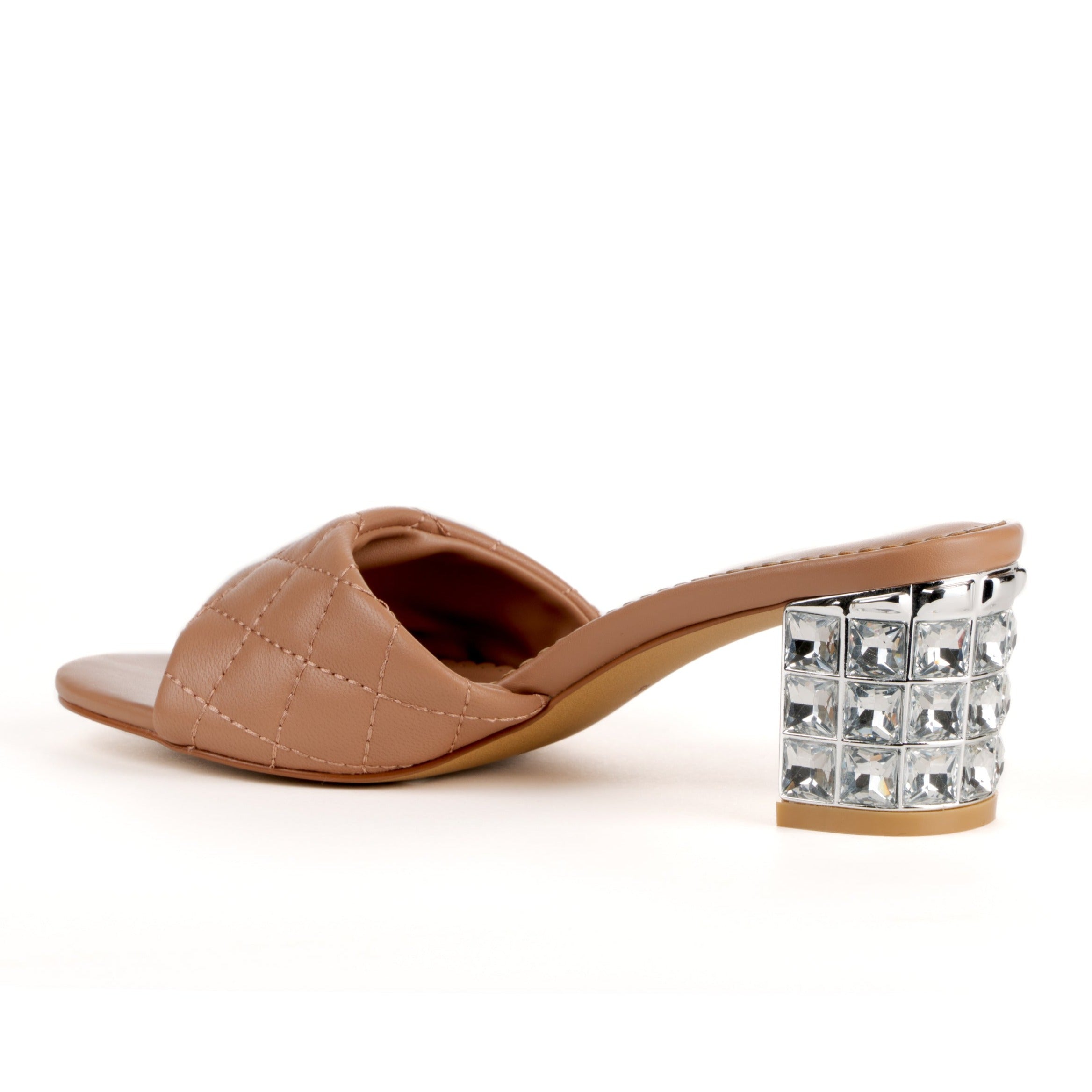 Tan pearl heels with open toe and slip-on style - back view 
