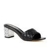 Black pearl heels with open toe and slip-on style - corner view 