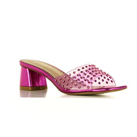 Fuchsia colored chunky heels with slip-on style - corner view 