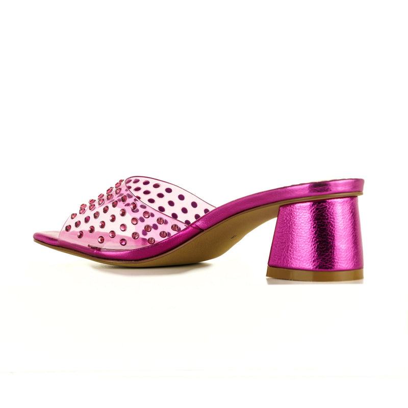 Fuchsia colored chunky heels with slip-on style - back view 