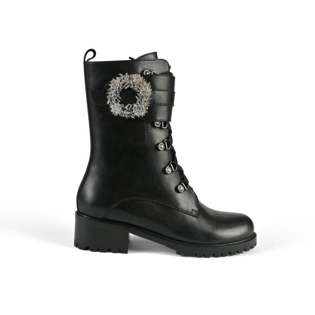 Black combat boots with lace-up design - side view 
