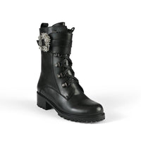 Black combat boots with lace-up design - corner view 