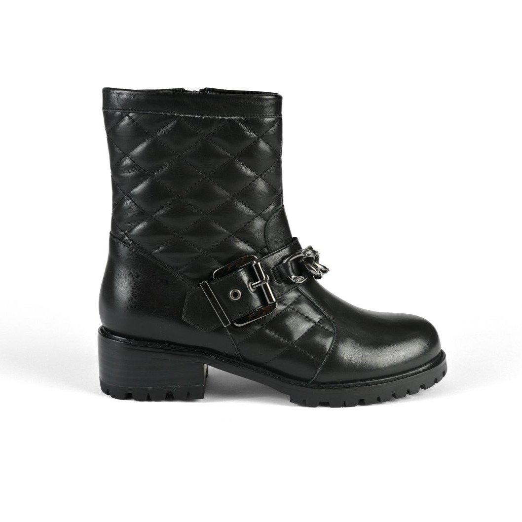Ankle high black leather boots with chain design upper - side view