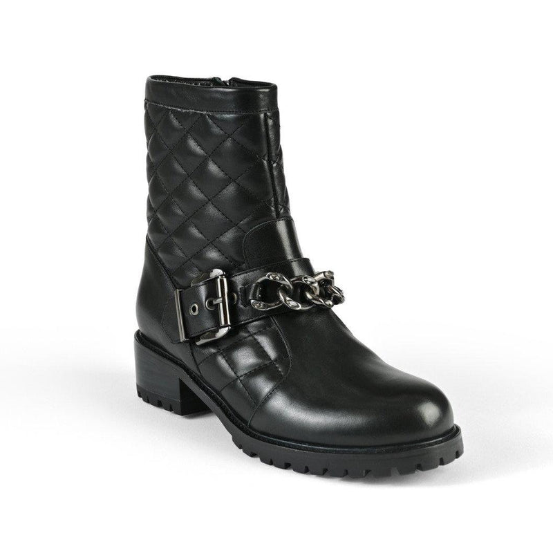 Ankle high black leather boots with chain design upper - corner view