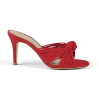 Red stilettos with knotted upper design and slip-on design - side view 