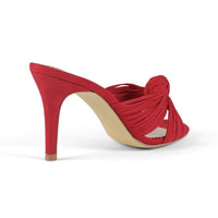 Red stilettos with knotted upper design and slip-on design - back view 