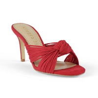 Red stilettos with knotted upper design and slip-on design - corner view 