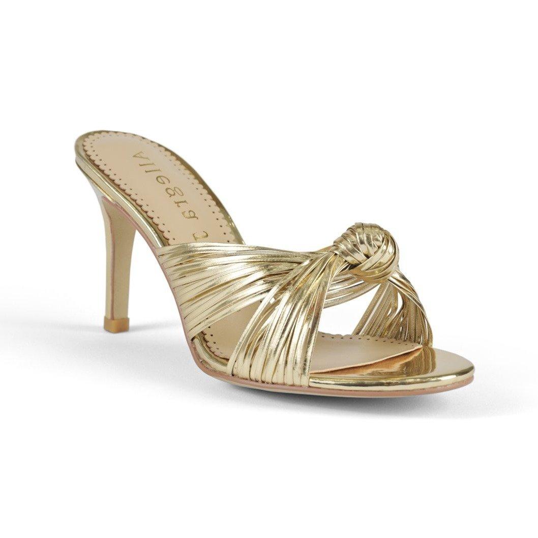 Golden sandals with slip-on style and knot design upper -  corner view 
