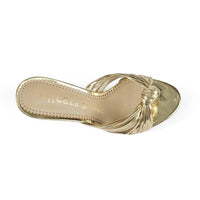 Golden sandals with slip-on style and knot design upper -  top view 