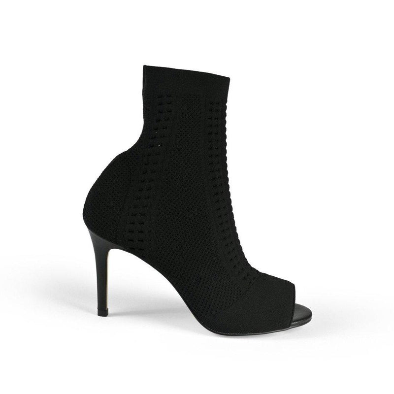Black ankle high sock boot heels with open toe - side view