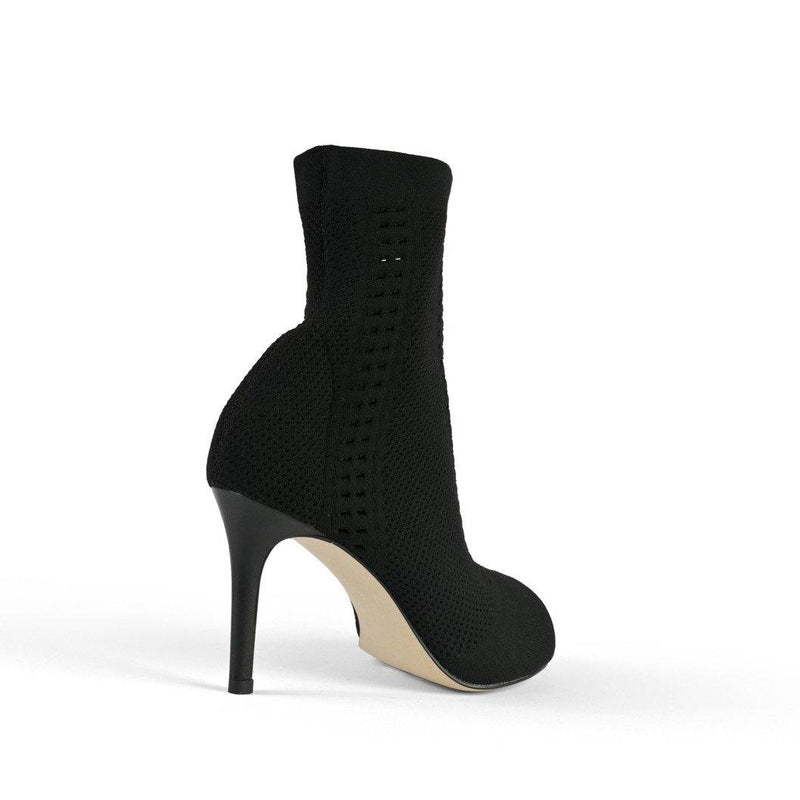 Black ankle high sock boot heels with open toe - back view