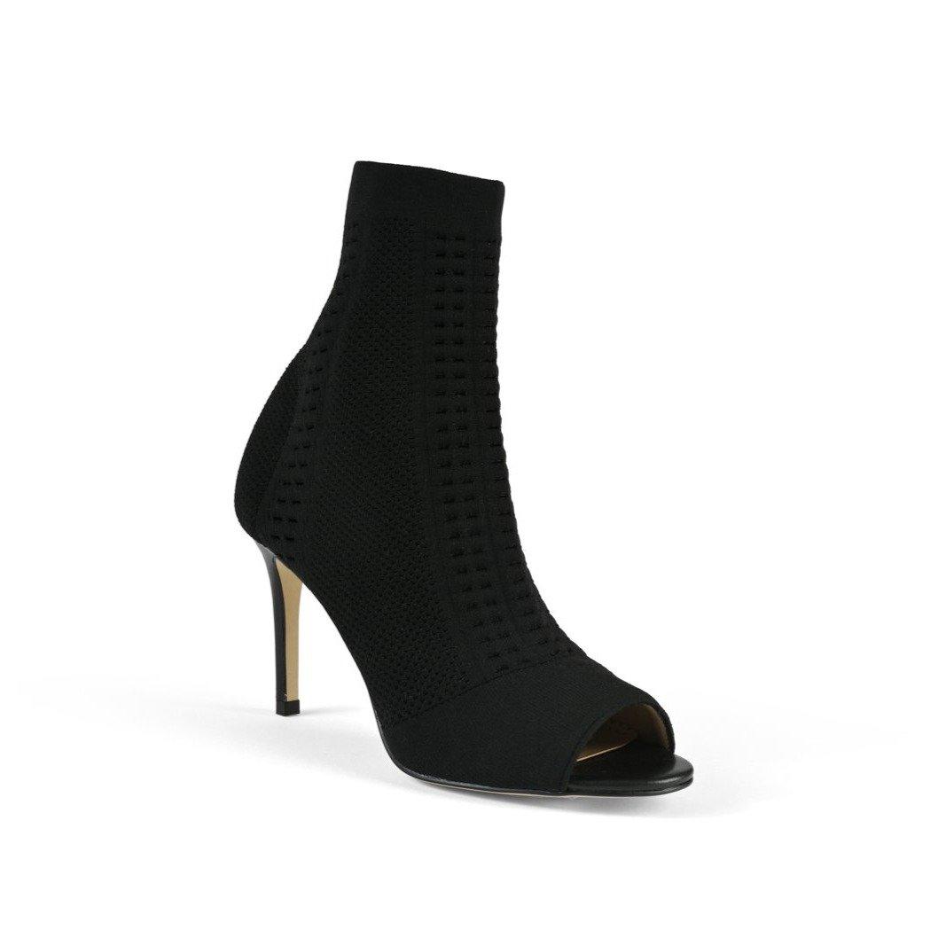 Black ankle high sock boot heels with open toe - corner view