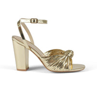 Gold chunky heels with ankle buckle closure - side view 