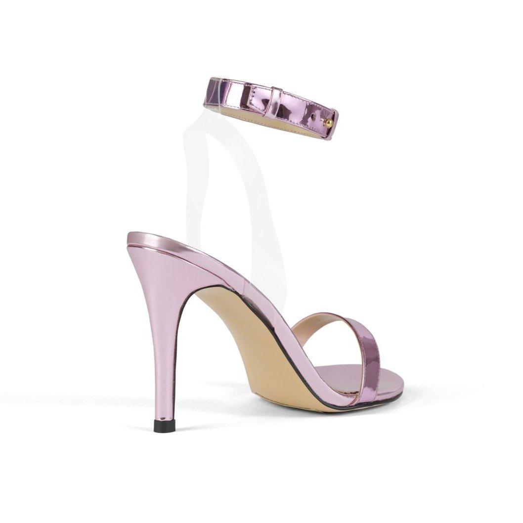 Lavender strappy heels with ankle buckle closure - back view 