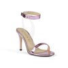 Lavender strappy heels with ankle buckle closure - corner view 