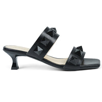 Black low heel squared toe sandals -  side view 