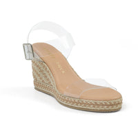 Jute platforms with clear strap and ankle buckle closure - corner view