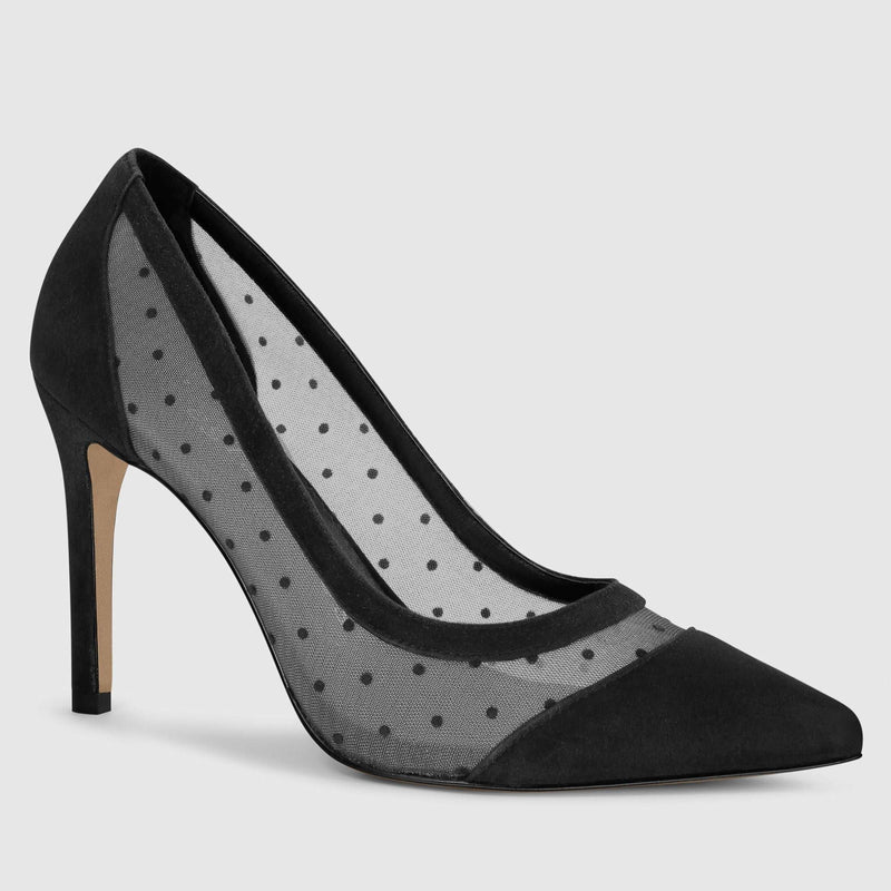 Black heels with polka dot mesh accent - corner view 