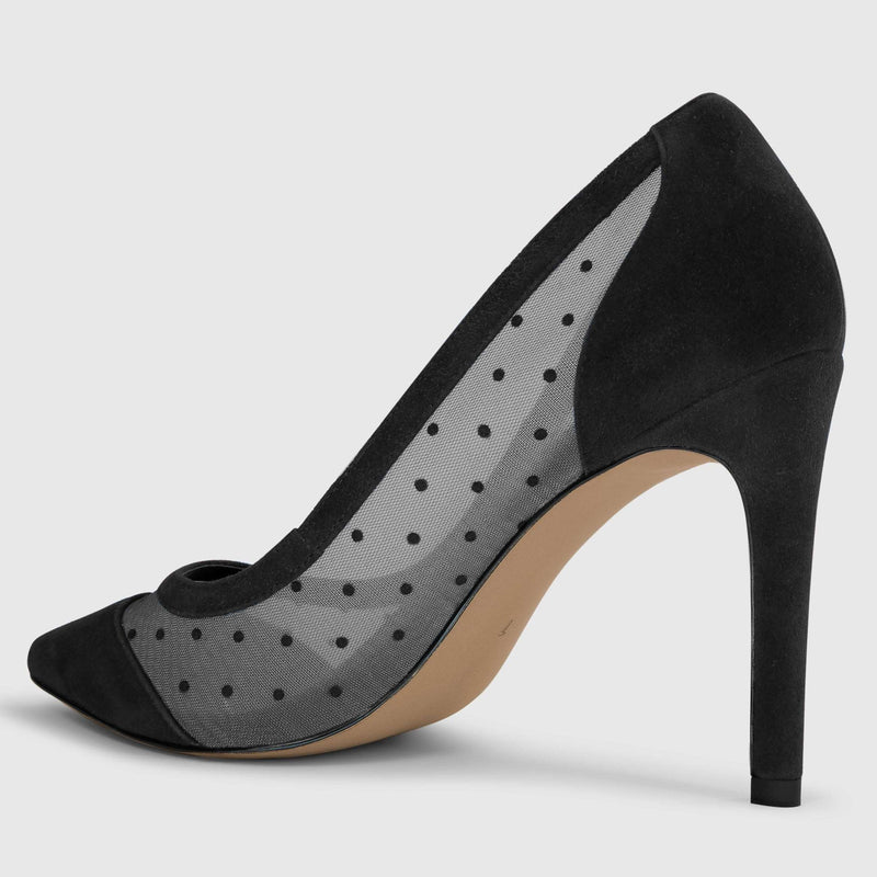 Black heels with polka dot mesh accent - back view 