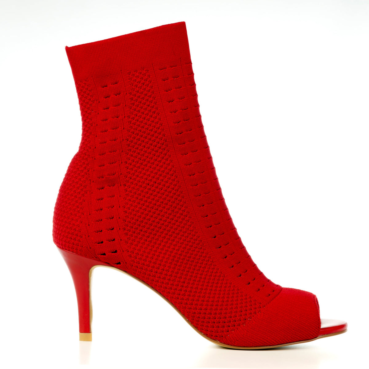 Red sock boots with open toe design - side view