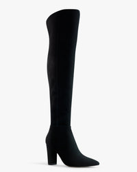 Black thigh high boots with block heels - corner view