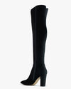 Black thigh high boots with block heels - back view